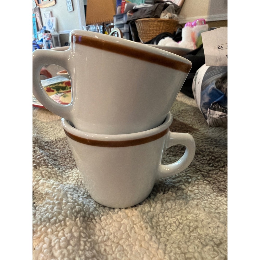 Rego Fine Porcelain Coffee Mugs White with Brown Rim Diner Style Set of 2